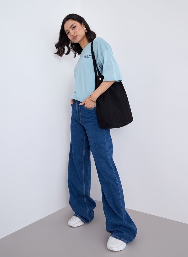 Styli Blue Oversized Slogan Print T-Shirt - Image 2